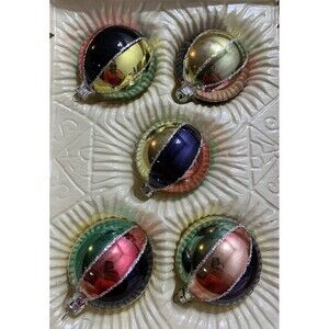 Vintage 5 Romania Glass Ornaments 1970s Hand Decorated Christmas Original Box
